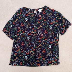 Navy blue, floral patterned short sleeve blouse